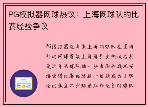 PG模拟器网球热议：上海网球队的比赛经验争议